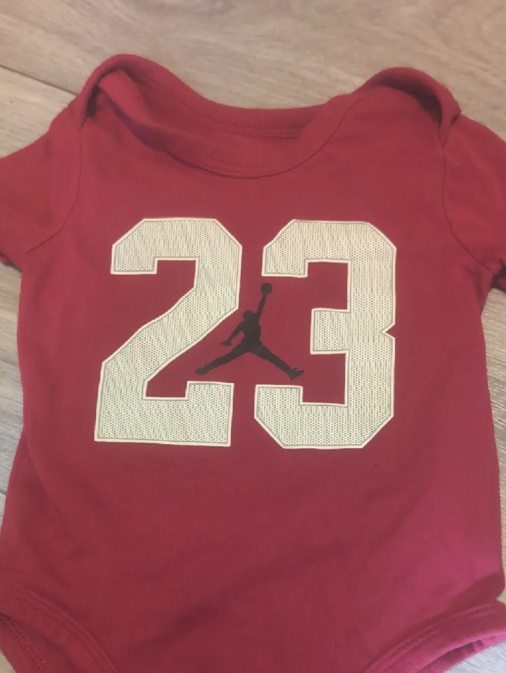 Jordan Red Baby One-Piece Bodysuit with White '23' Print - Picture 2 of 3